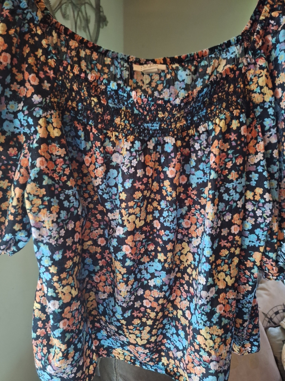 a.n.a Floral Smocked Off-Shoulder Top - Black with Blue & Peach Flowers
